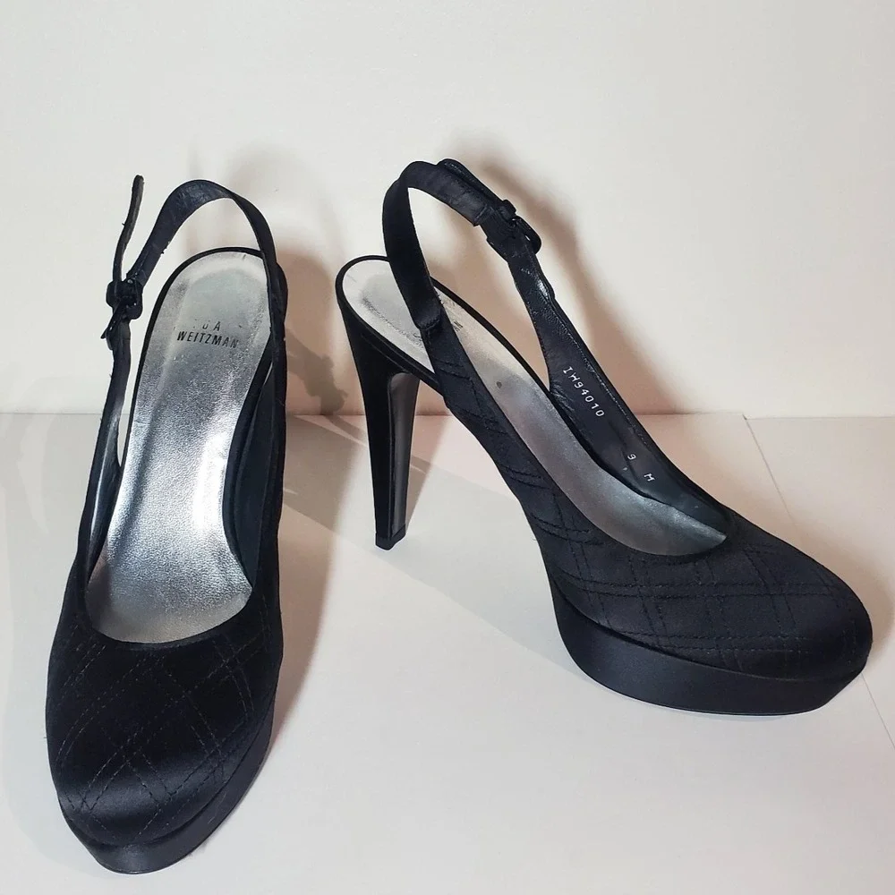Stewart Weitzman Black Satin Sling-back Pumps Size 9M Rounded Toe